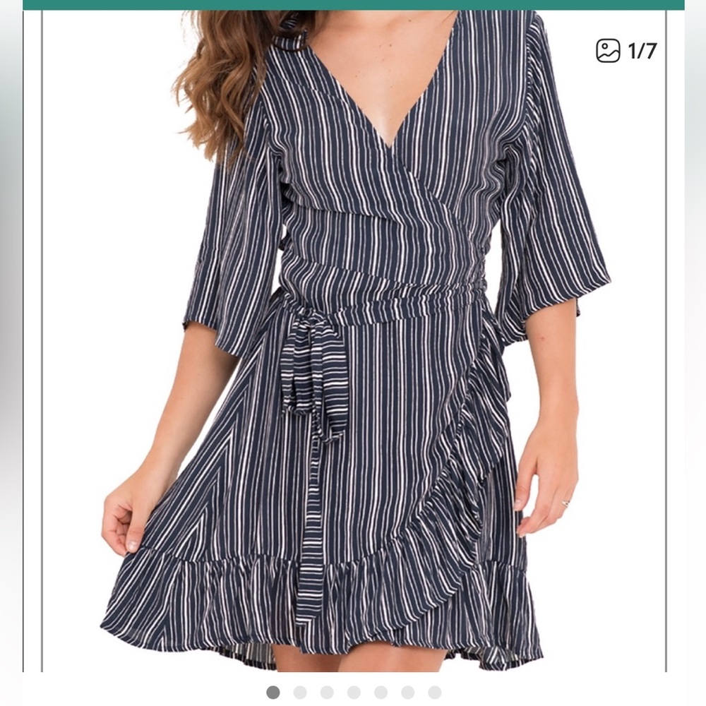 BEACHGOLD Janice wrap dress in Audrey Navy and White striped ruffles XS NWT